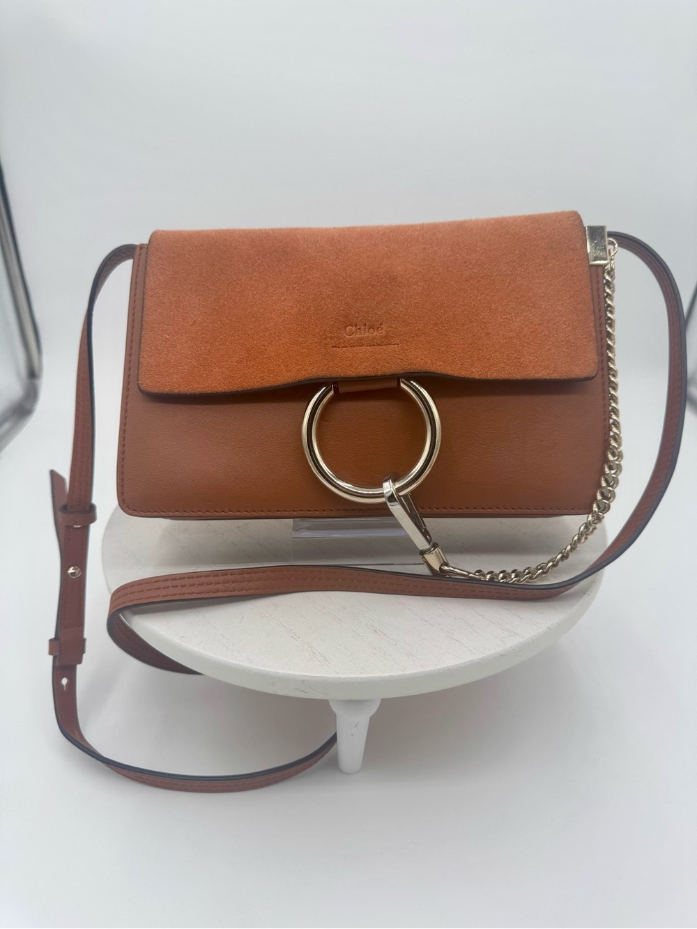CHLOE Faye Small Crossbody Bag Brown Suede & Leather Gold Hardware